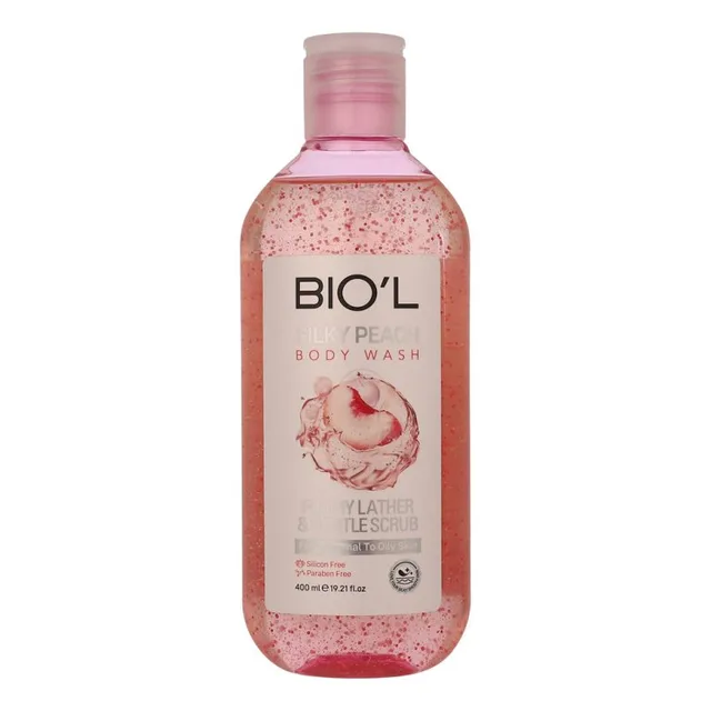 شامپو بدن ژلی سیلکی بیول مدل Silky Peach حاوی اسکراب و مواد آبرسان مناسب پوست های نرمال تا چرب حجم 400 میل