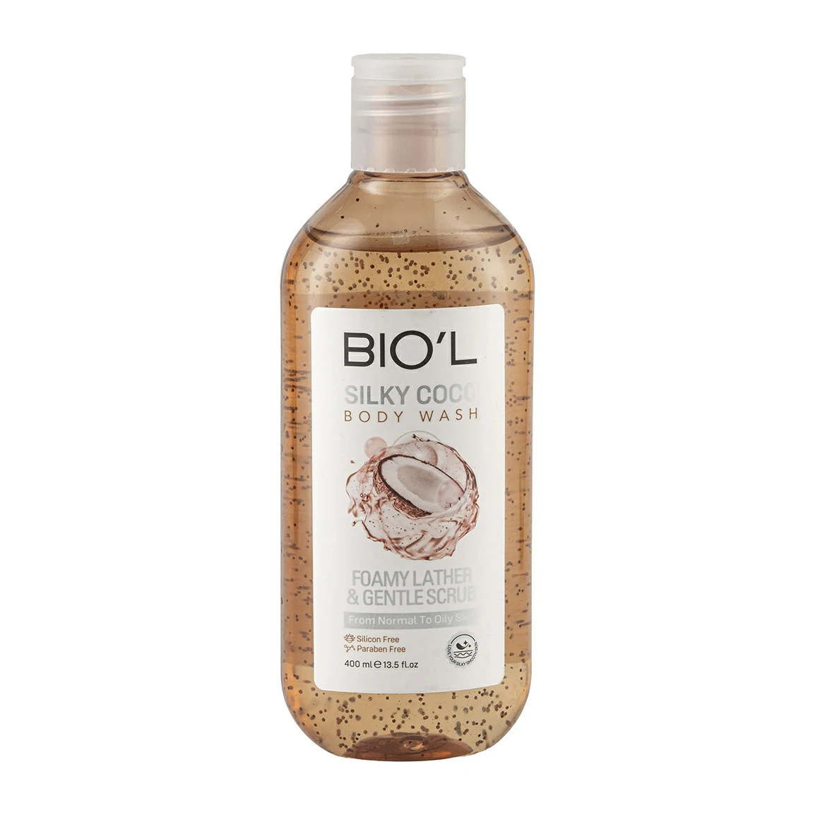 شامپو بدن ژلی سیلکی کوکو بیول مدل Silky Coco حاوی اسکراب و مواد آبرسان مناسب پوستهای نرمال تا چرب حجم 400 میلی لیتر