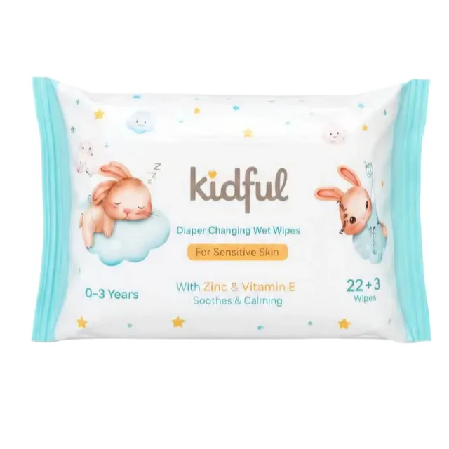 دستمال مرطوب مخصوص تعویض پوشک کودک کیدفول مدل Sensitive Skin بسته ۲۵ عددی