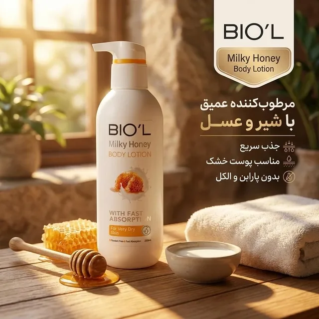 لوسيون مرطوب کننده بدن پمپي BIOL حاوي عصاره شير و عسل، تصویر شماره 2